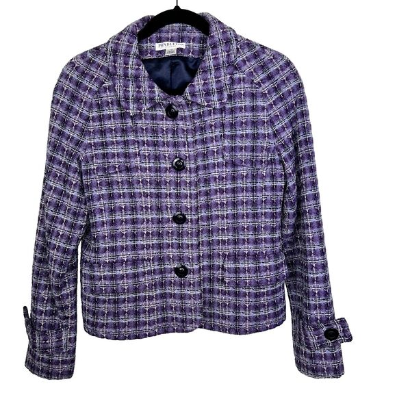 Pendleton Tweed Checkered Blazer Jacket Purple Buttons Front 100% Wool Womens 10 - Picture 1 of 11